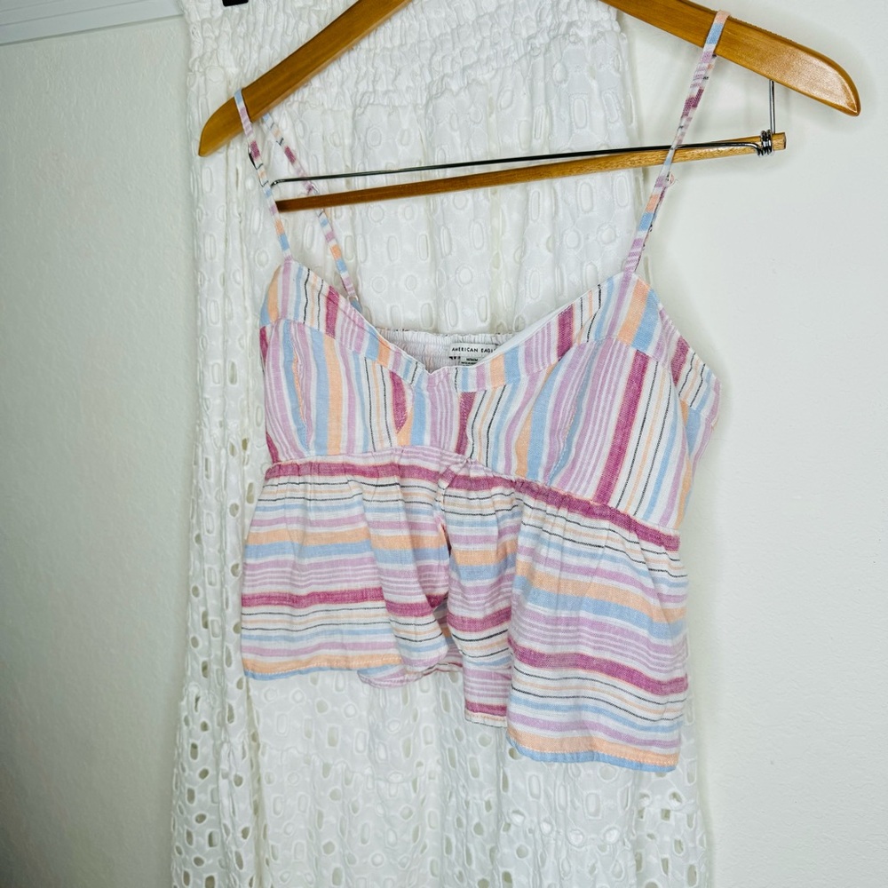 Y2K Inspired American Eagle Linen Babydoll Ruffle Crop Top